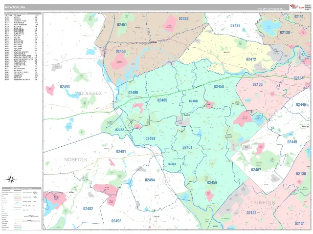 Newton, MA ZIP Code Wall Map, Classic style
