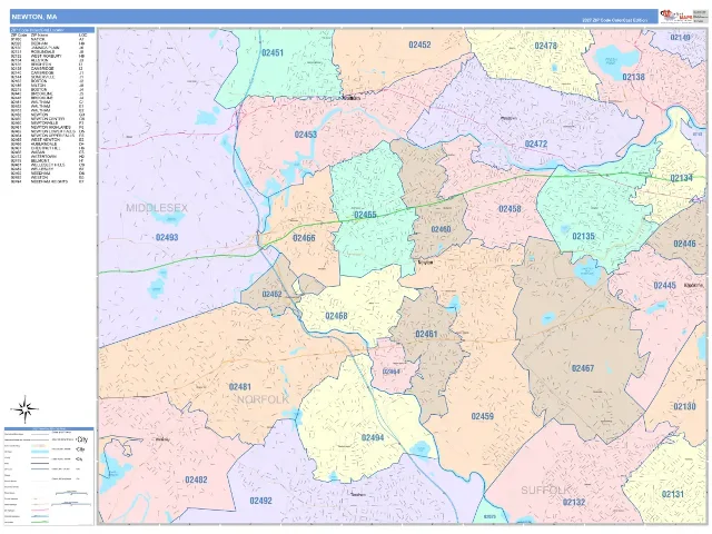 Newton, MA ZIP Code Wall Map, ColorCast style