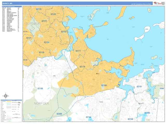 Quincy, MA ZIP Code Wall Map, Business Reference style