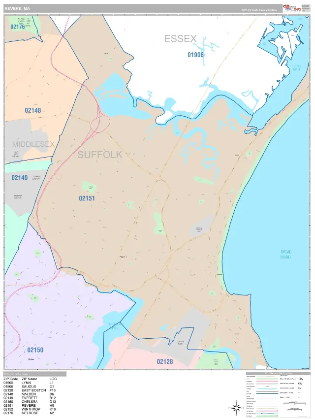 Revere, MA ZIP Code Wall Map, Classic style