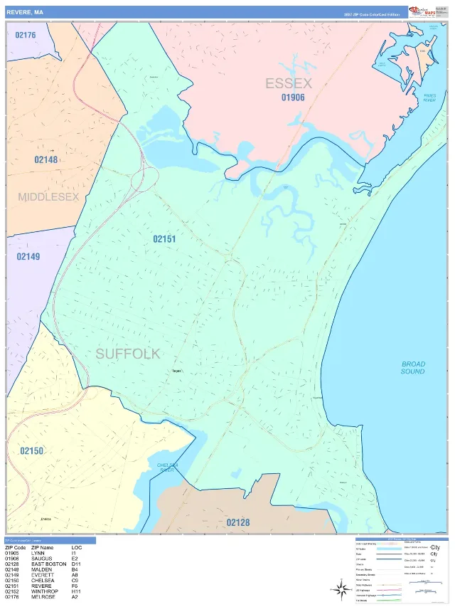Revere, MA ZIP Code Wall Map, ColorCast style
