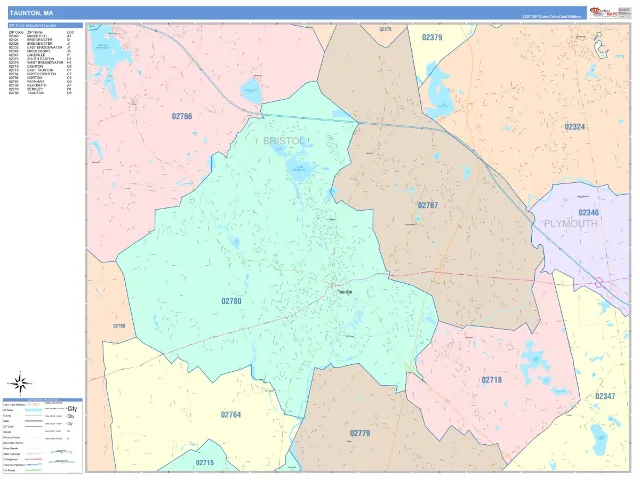 Taunton, MA ZIP Code Wall Map, ColorCast style