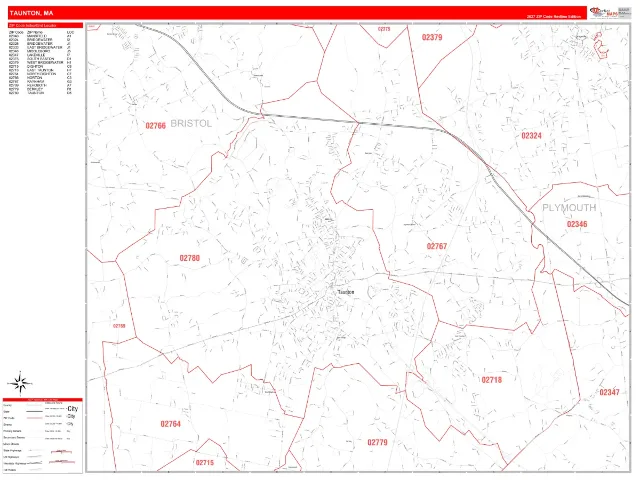 Taunton, MA ZIP Code Wall Map, RedLine style