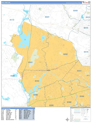 Waltham, MA Business Reference style ZIP Code wall map