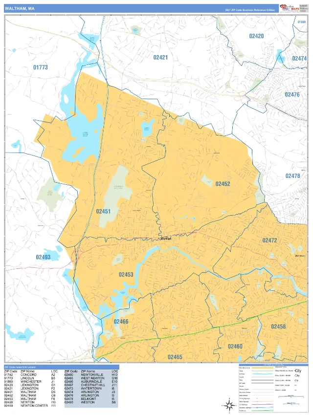 Waltham, MA ZIP Code Wall Map, Business Reference style