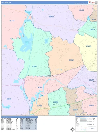 Waltham, MA ColorCast style ZIP Code wall map