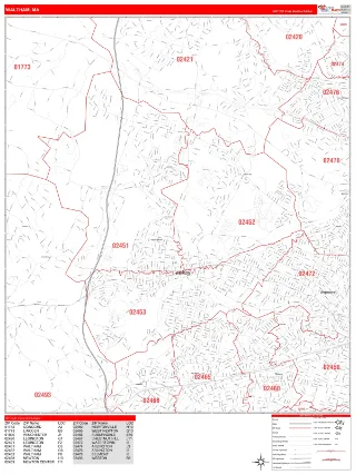 Waltham, MA RedLine style ZIP Code wall map