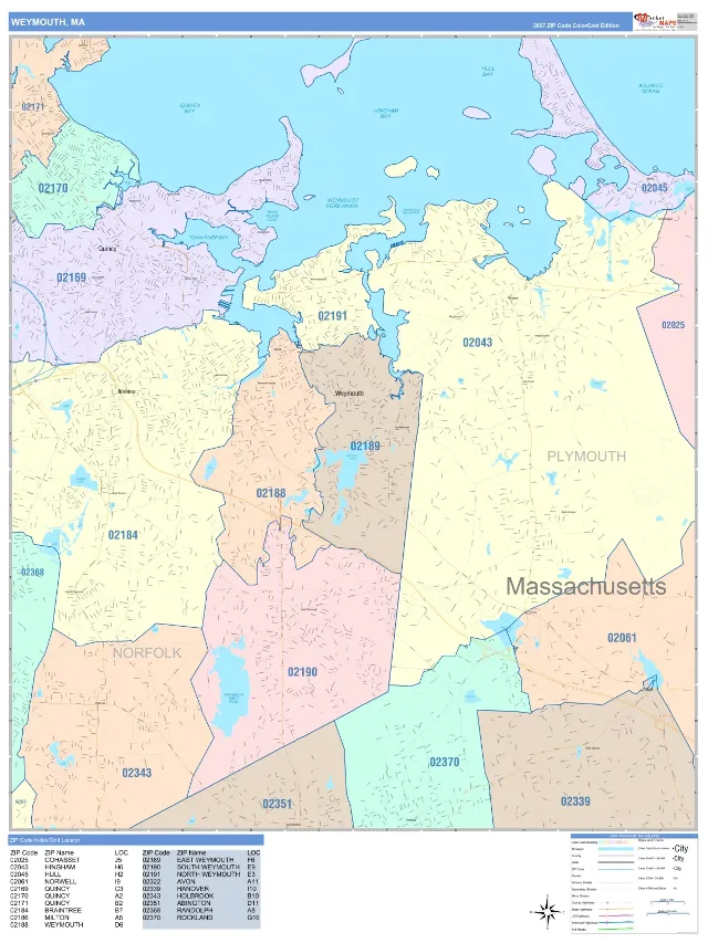 Weymouth, MA ZIP Code Wall Map, ColorCast style