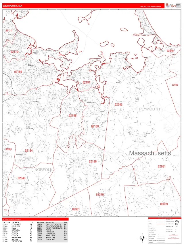 Weymouth, MA ZIP Code Wall Map, RedLine style