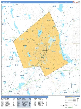 Worcester, MA Business Reference style ZIP Code wall map