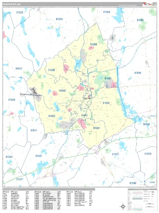 Worcester, MA Classic style ZIP Code wall map