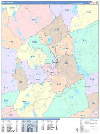 Worcester, MA ColorCast style ZIP Code wall map