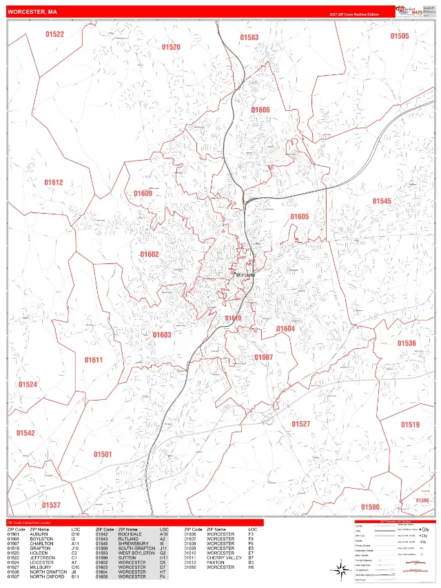 Worcester, MA ZIP Code Wall Map, RedLine style