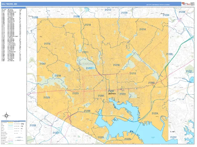 Baltimore, MD ZIP Code Wall Map, Business Reference style