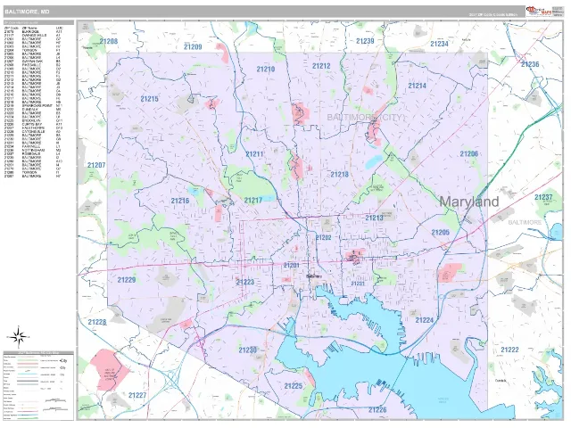 Baltimore, MD ZIP Code Wall Map, Classic style