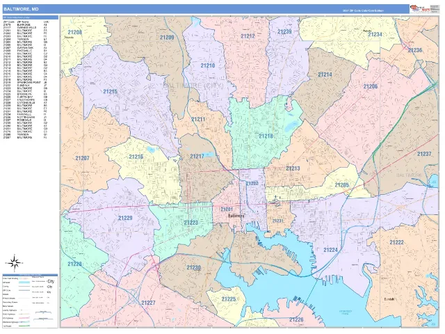 Baltimore, MD ZIP Code Wall Map, ColorCast style