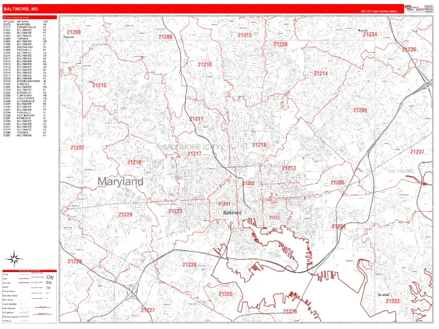 Baltimore, MD ZIP Code Wall Map, RedLine style