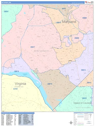 Bethesda, MD ColorCast style ZIP Code wall map
