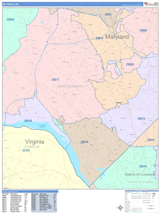 Bethesda, MD ZIP Code Wall Map, ColorCast style