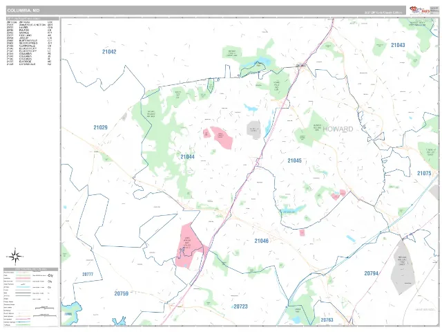 Columbia, MD ZIP Code Wall Map, Classic style