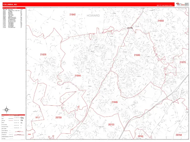Columbia, MD ZIP Code Wall Map, RedLine style