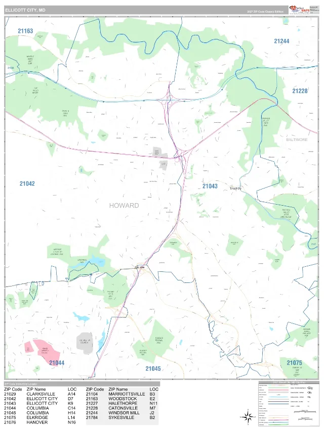 Ellicott City, MD ZIP Code Wall Map, Classic style