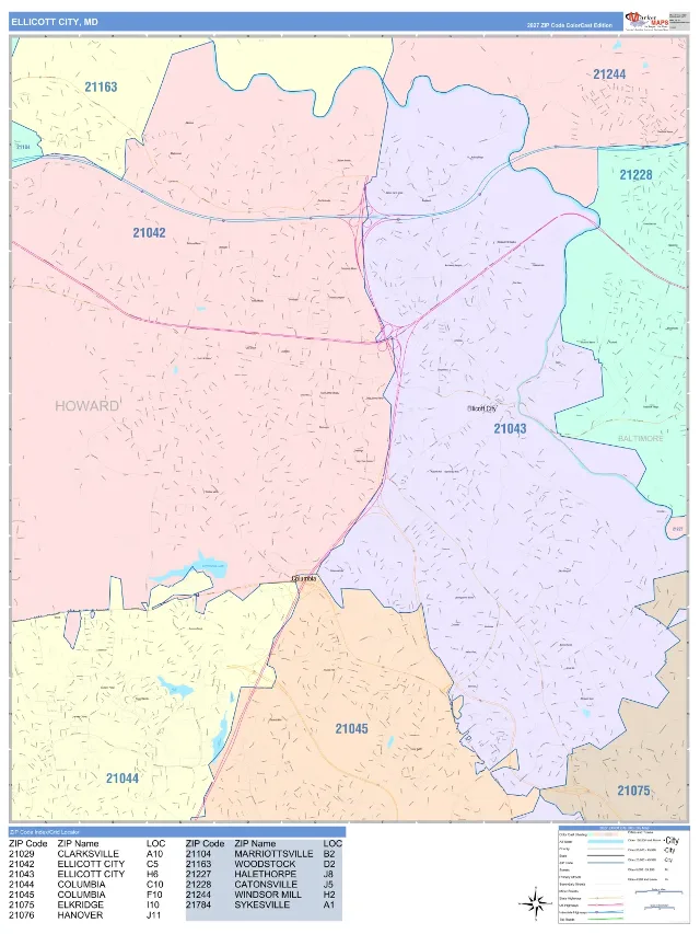Ellicott City, MD ZIP Code Wall Map, ColorCast style