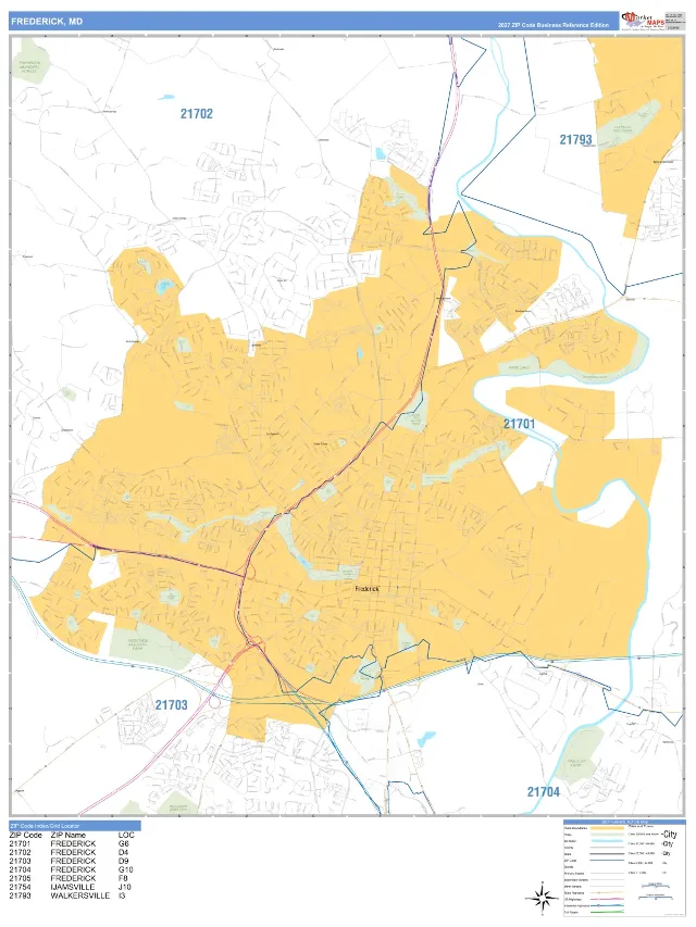 Frederick, MD ZIP Code Wall Map, Business Reference style