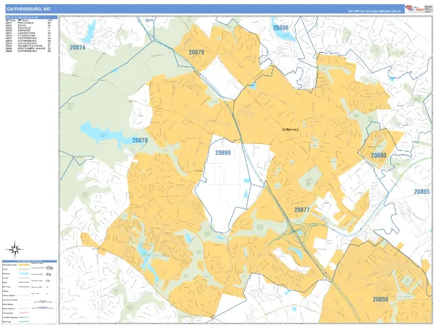 Gaithersburg, MD ZIP Code Wall Map, Business Reference style
