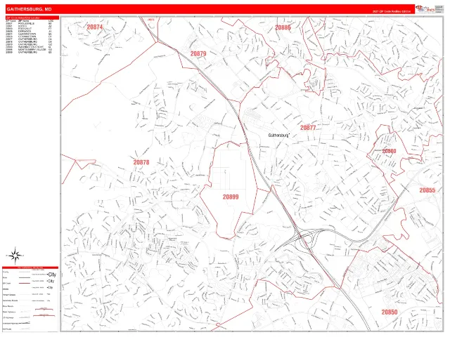 Gaithersburg, MD ZIP Code Wall Map, RedLine style
