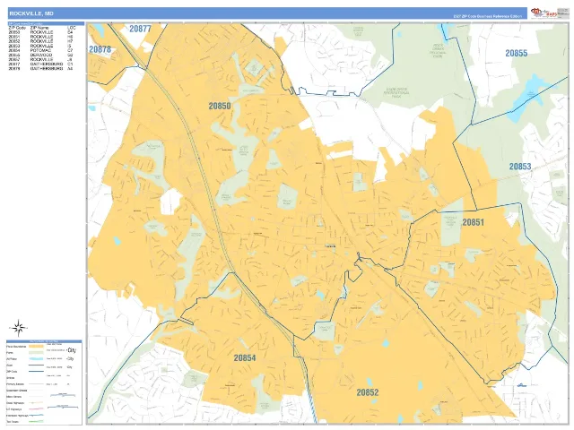 Rockville, MD ZIP Code Wall Map, Business Reference style