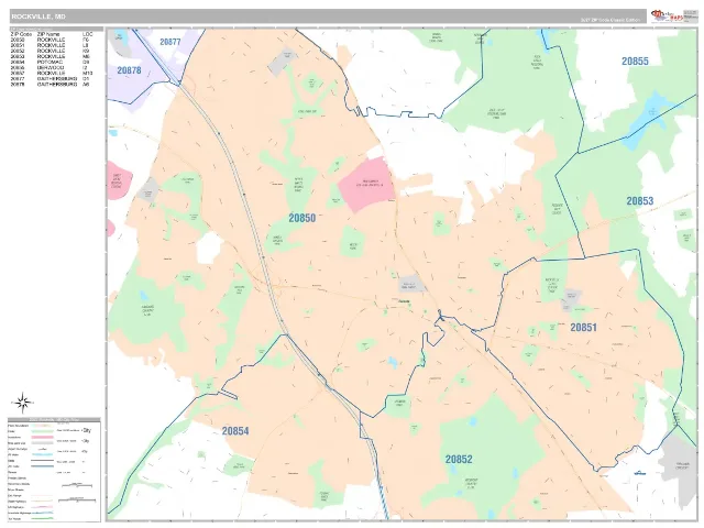 Rockville, MD ZIP Code Wall Map, Classic style