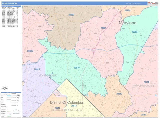 Silver Spring, MD ZIP Code Wall Map, ColorCast style