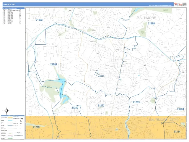 Towson, MD ZIP Code Wall Map, Business Reference style
