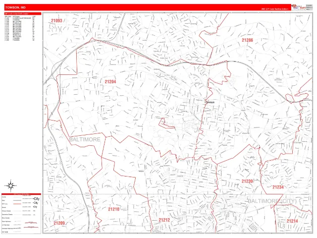 Towson, MD ZIP Code Wall Map, RedLine style