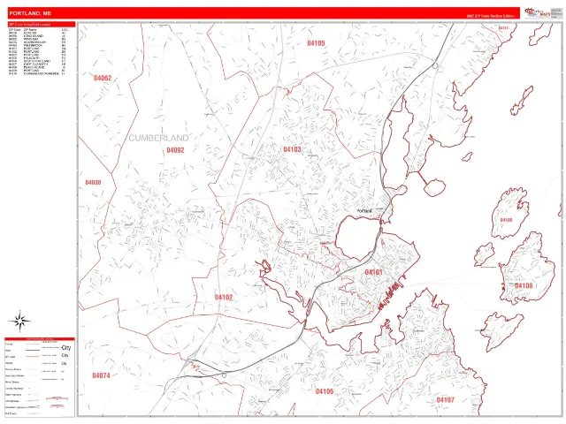 Portland, ME ZIP Code Wall Map, RedLine style