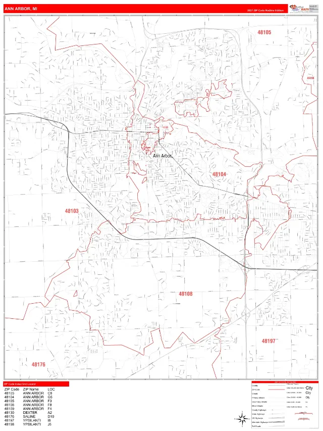Ann Arbor, MI ZIP Code Wall Map, RedLine style