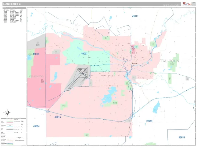 Battle Creek, MI ZIP Code Wall Map, Classic style