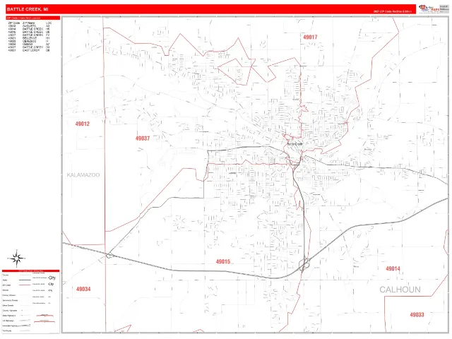 Battle Creek, MI ZIP Code Wall Map, RedLine style
