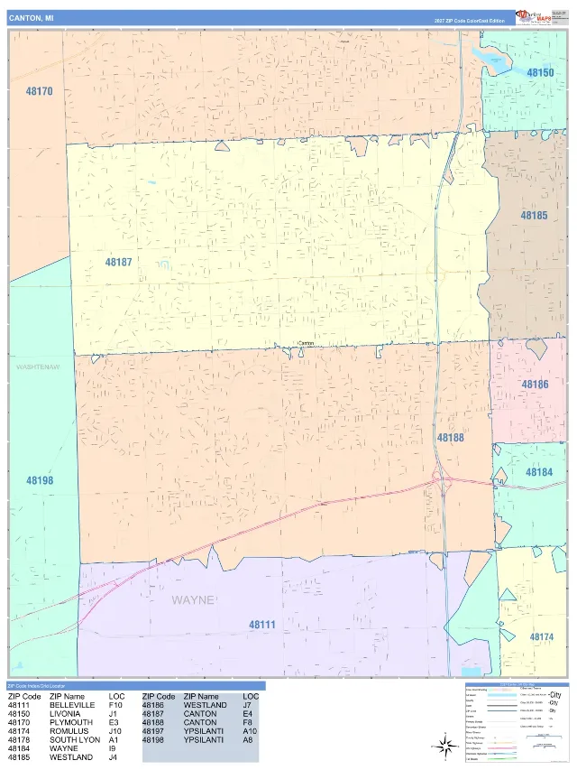 Canton, MI ZIP Code Wall Map, ColorCast style