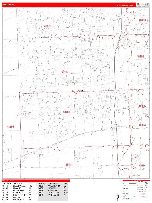 Canton, MI ZIP Code Wall Map, RedLine style