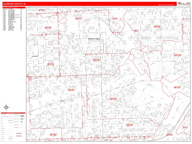 Dearborn Heights, MI ZIP Code Wall Map, RedLine style