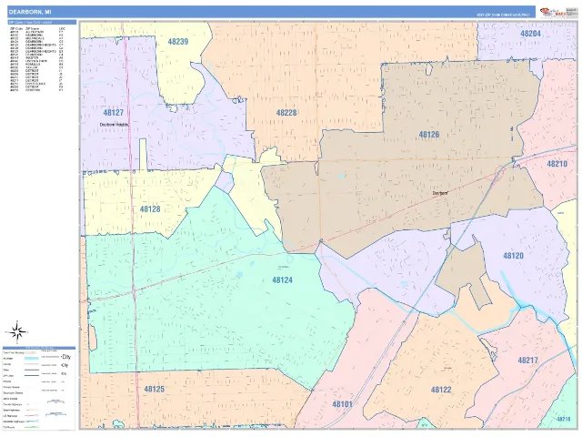 Dearborn, MI ZIP Code Wall Map, ColorCast style