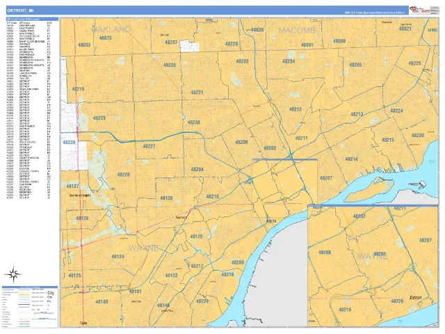 Detroit, MI ZIP Code Wall Map, Business Reference style
