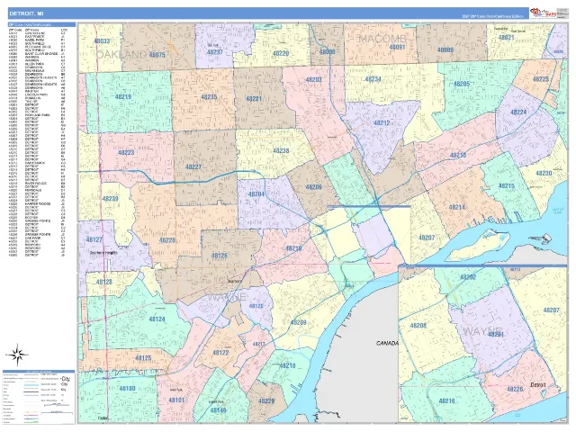 Detroit, MI ZIP Code Wall Map, ColorCast style
