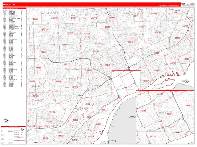 Detroit, MI ZIP Code Wall Map, RedLine style