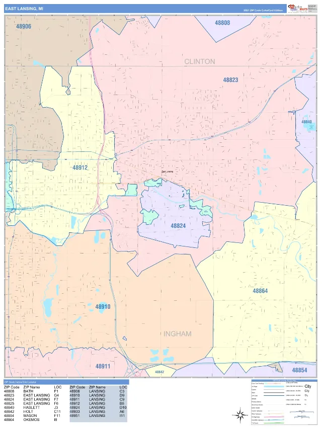 East Lansing, MI ZIP Code Wall Map, ColorCast style