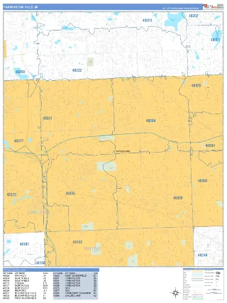 Farmington Hills, MI Business Reference style ZIP Code wall map