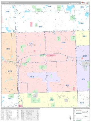 Farmington Hills, MI Classic style ZIP Code wall map