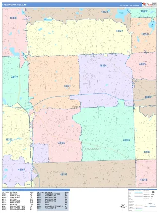 Farmington Hills, MI ColorCast style ZIP Code wall map